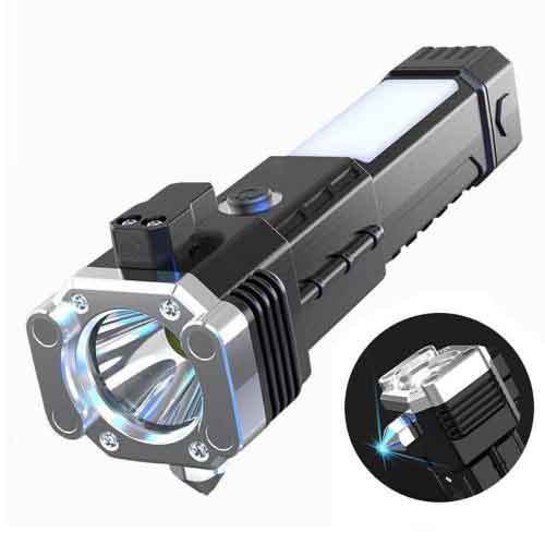 Multi-Function LED Flashlight Torch - Rechargeable, Built-in Safety Hammer, Magnet, and Cutter Set of 1